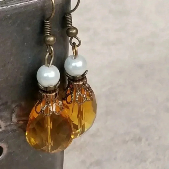 Handmade Steampunk Amber Faceted Glass Teardrop Antiqued Brass Dangle Earrings - Picture 1 of 6